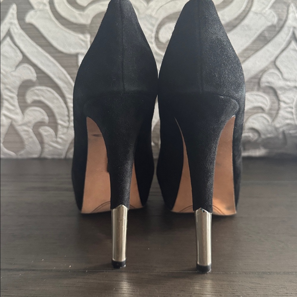 Boutique 9 Black Suede Platform Peep-Toe Pumps with Metallic Heel